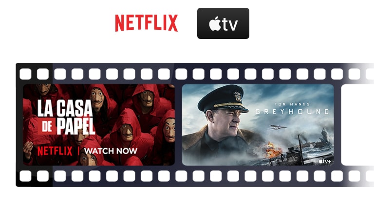 توجد شعارات Netflix و Apple TV في خط أفقي. أسفل الشعارات ، يوجد ملصق La Casa de Papel من Netflix و Greyhound من Apple TV في خط أفقي أيضاً.