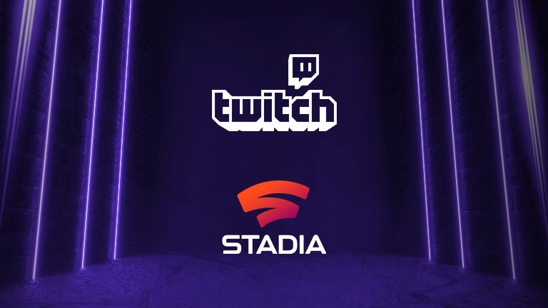 أيقونات Google Stadia وTwitch على خلفية أرجوانية.
