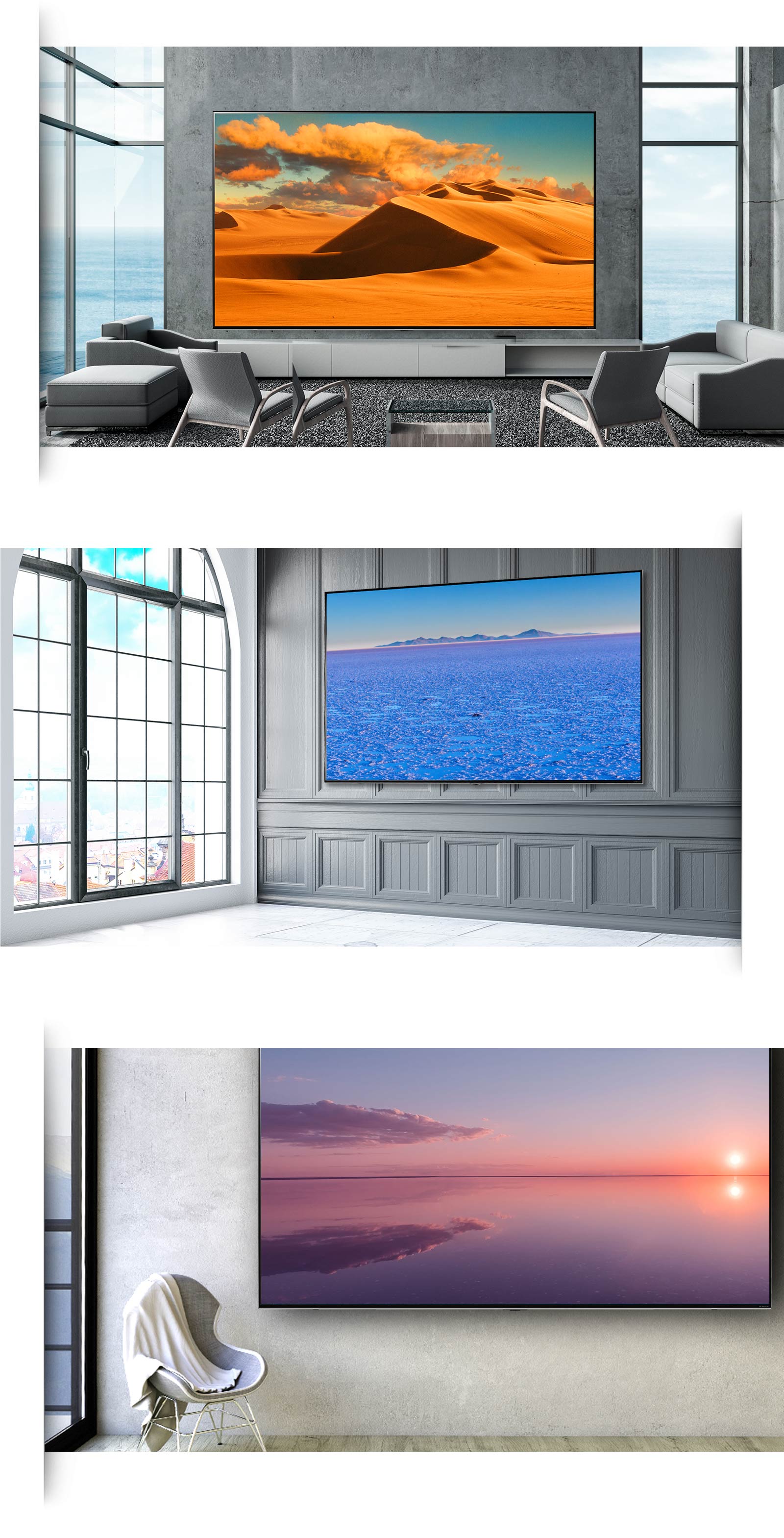 Three images of a large flatscreen TV mounted against the wall in various modern interiors.